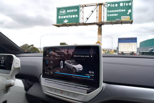 Interior of Volkswagen VW ID.4 driving downtown Los Angeles freeway